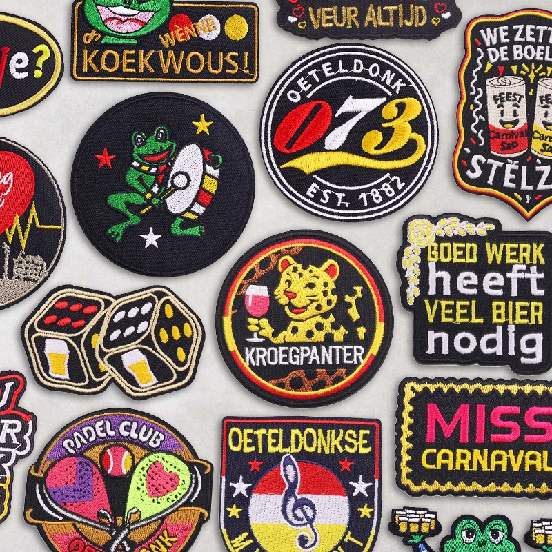 Oeteldonk Badges Embroidered Patches Iron On Patch Cartoon Frog Leopard Dice Beer Applique For Clothing Jacket Bag Decoration
