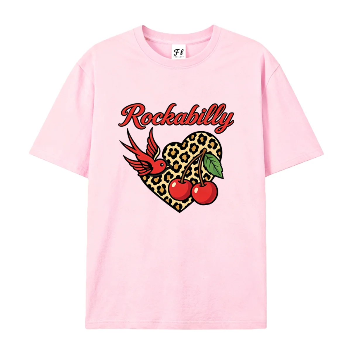 Women Rockabilly Style Leopard Heart Swallow Cherry Print Short Sleeve T Shirt Vintage Old School Graphic Casual Summer Tops