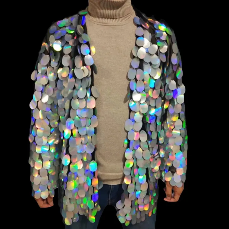 Men's Stage Shiny Coat Performance Costume Carnival Party Club Nightclub Show Male Silver Gold Mesh Sequined Jacket Rave Outfit