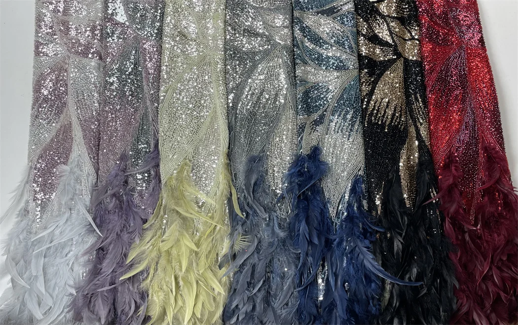 Роскошная 3D перо африканская французская тяжелая кружевная ткань высокого качества с блестками и бусинами нигерийская кружевная ткань для свадебных платьев