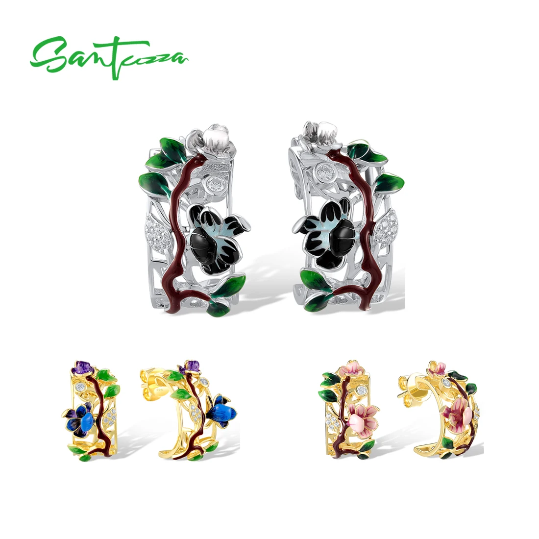 

SANTUZZA 925 Sterling Silver Earrings For Woman Sparkling White CZ Colorful Flower Enamel Delicate Wedding Gifts Fine Jewelry