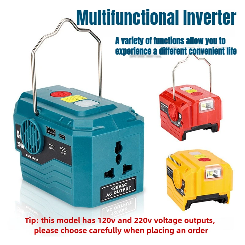 

Power Inverter 18V Battery 200W DC 18V-20V To AC 110V/220V Portable Power Supply with AC Outlet USB Type-C Ports LED Light