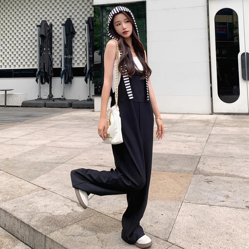 High Waist Striped Patchwork Hooded Bib Overalls Women's Design Sensation Sweet Korean Sle Thin Wide Leg Jumpsuit Pants