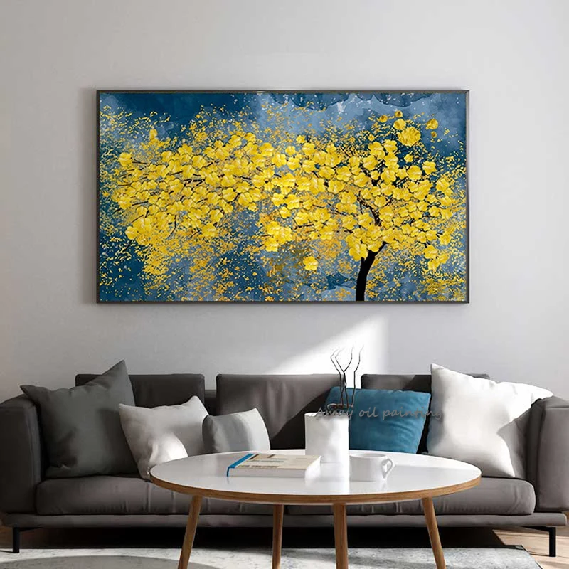 Handmade Thick Textured Golden Tree Canvas Art, Deep Blue Background Impasto Fortune Tree Original Floral Landscape Wall Decor