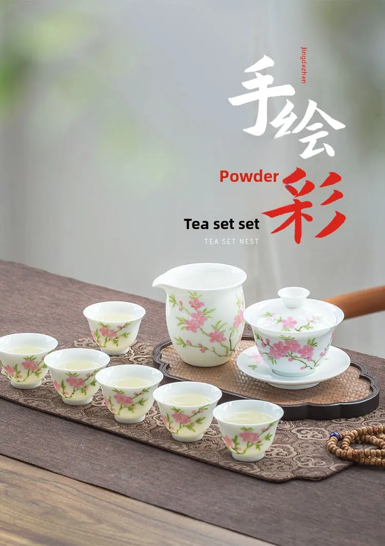 جينغدتشن الراقية السيراميك اليدوية الجديدة الصينية رسمت باليد نقطة المياه الباستيل زهر الخوخ فنجان الشاي مجموعة #5