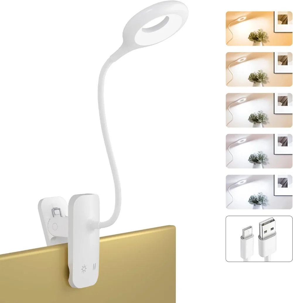 Rechargeable Clip Light, LED Bed Reading Lamp for Headboard & Desk, Cordless Battery Book Light, Flexible Arm, Dorm Bunk Bed