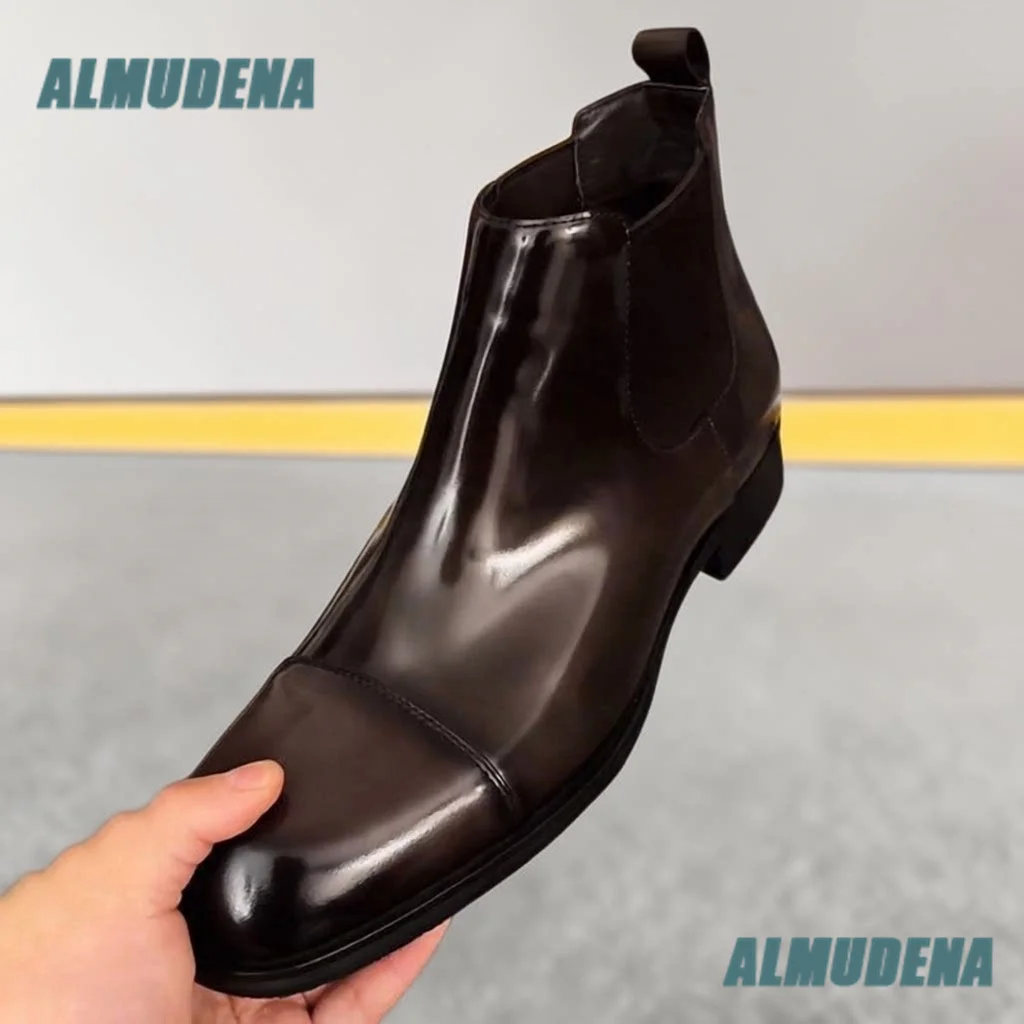 Men Brown Polished Leather Chelsea Boots Slip On Elastic Side Business Formal Ankle Dress Boots New In Autumn Men's Boots
