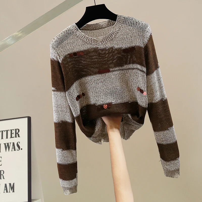 

Faionable Heavyweight Striped round Ne Pullover Knitwear Women's Design Versatile Loose Long Sve Top Trendy Commute Sle