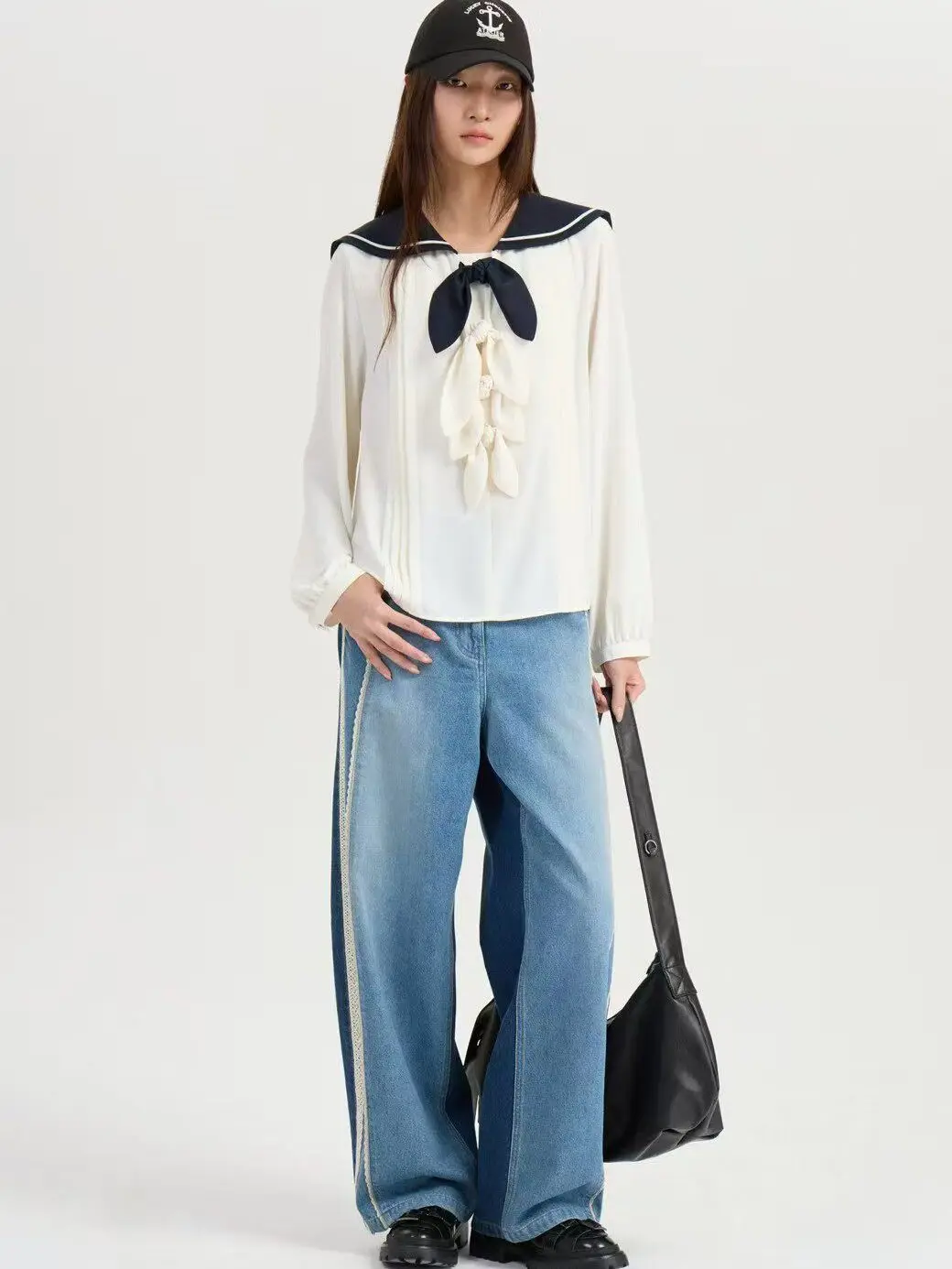 

Summer New Style Korean Version Fashionable Loose Comfortable Refreshing Anti-Aging Color Block Navy Collar Knot Shirt