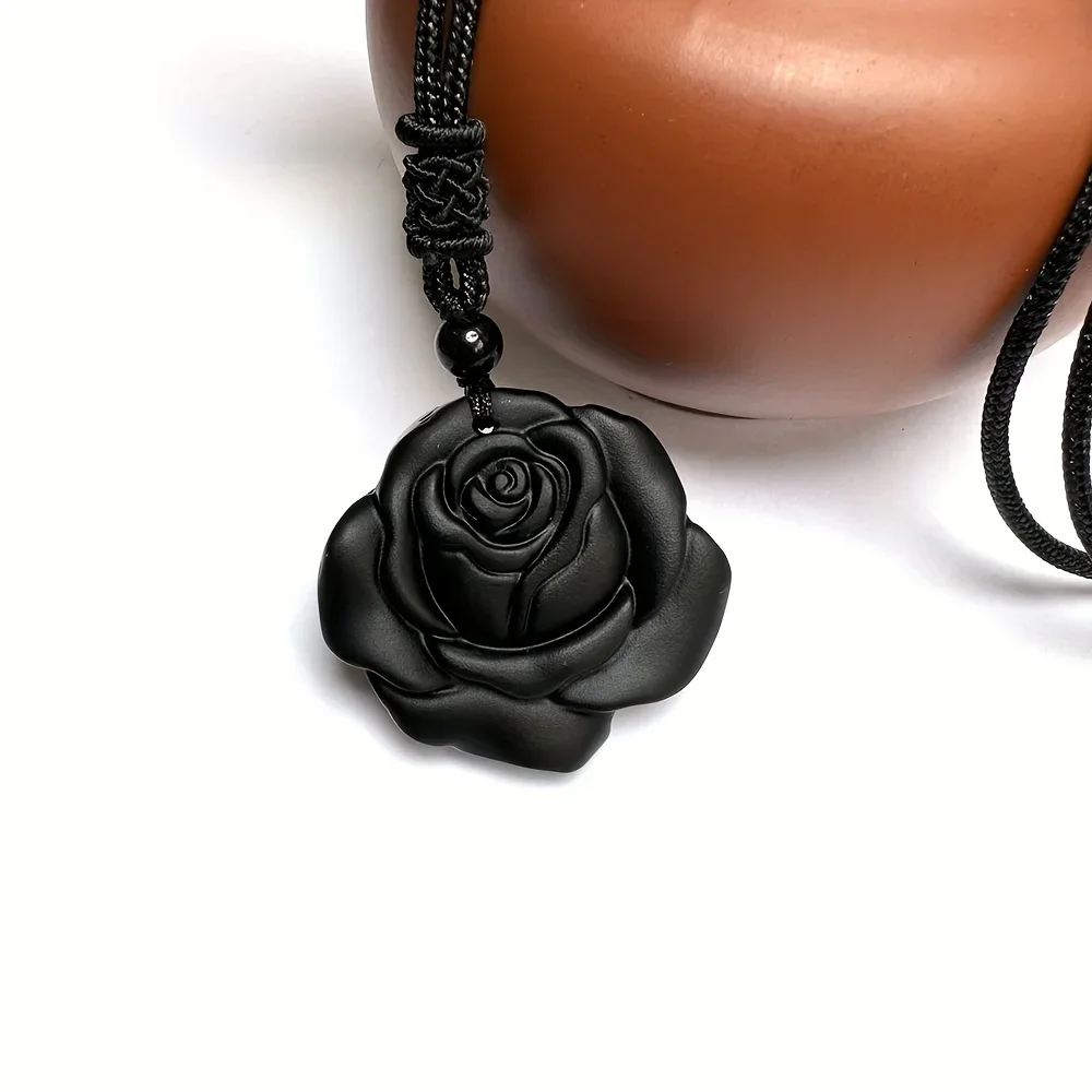 Stylish Natural Obsidian Rose Pendant Necklace - Non-Plated Floral and Botanical Pattern Carved Stone Jewelry