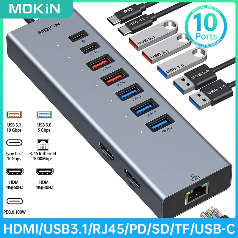 

MOKiN 10 in 1 USB C HUB 3.1 Multi Splitter Adapter USB C Docking Station with HDMI 4K 60Hz TV Dock for PC Computer Macbook Pro