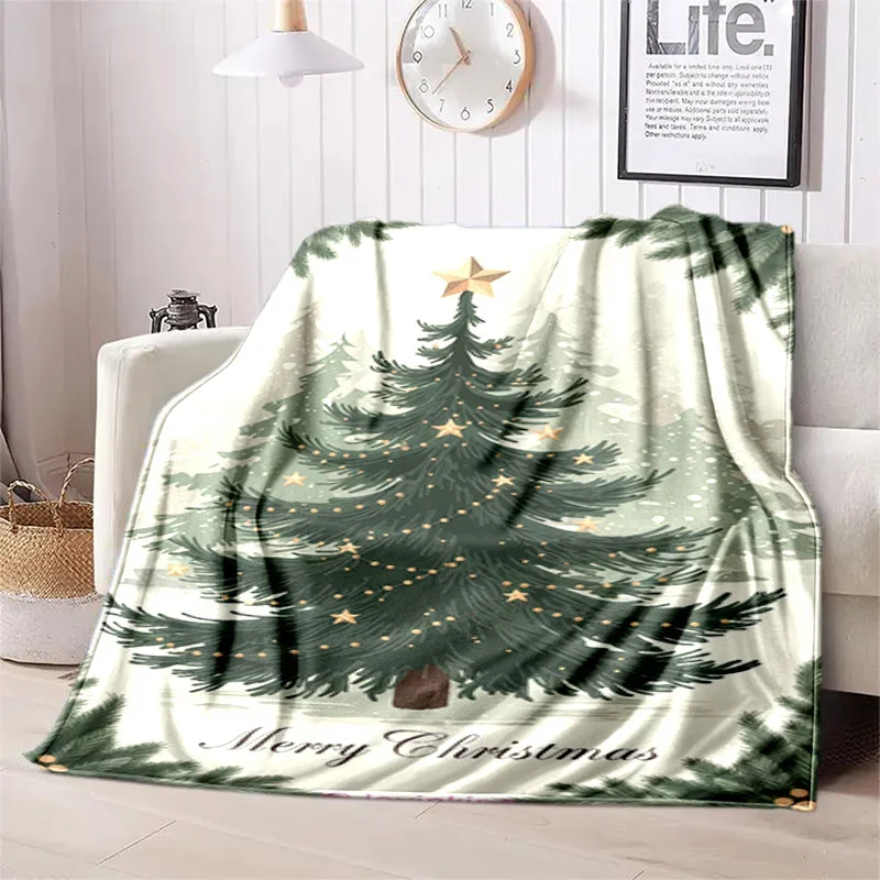 Christmas Tree Flannel Throw Blanket, Green Pine Tree Star Merry Christmas Soft Blanket for Couch Bedroom Home Decor Gift Ideas