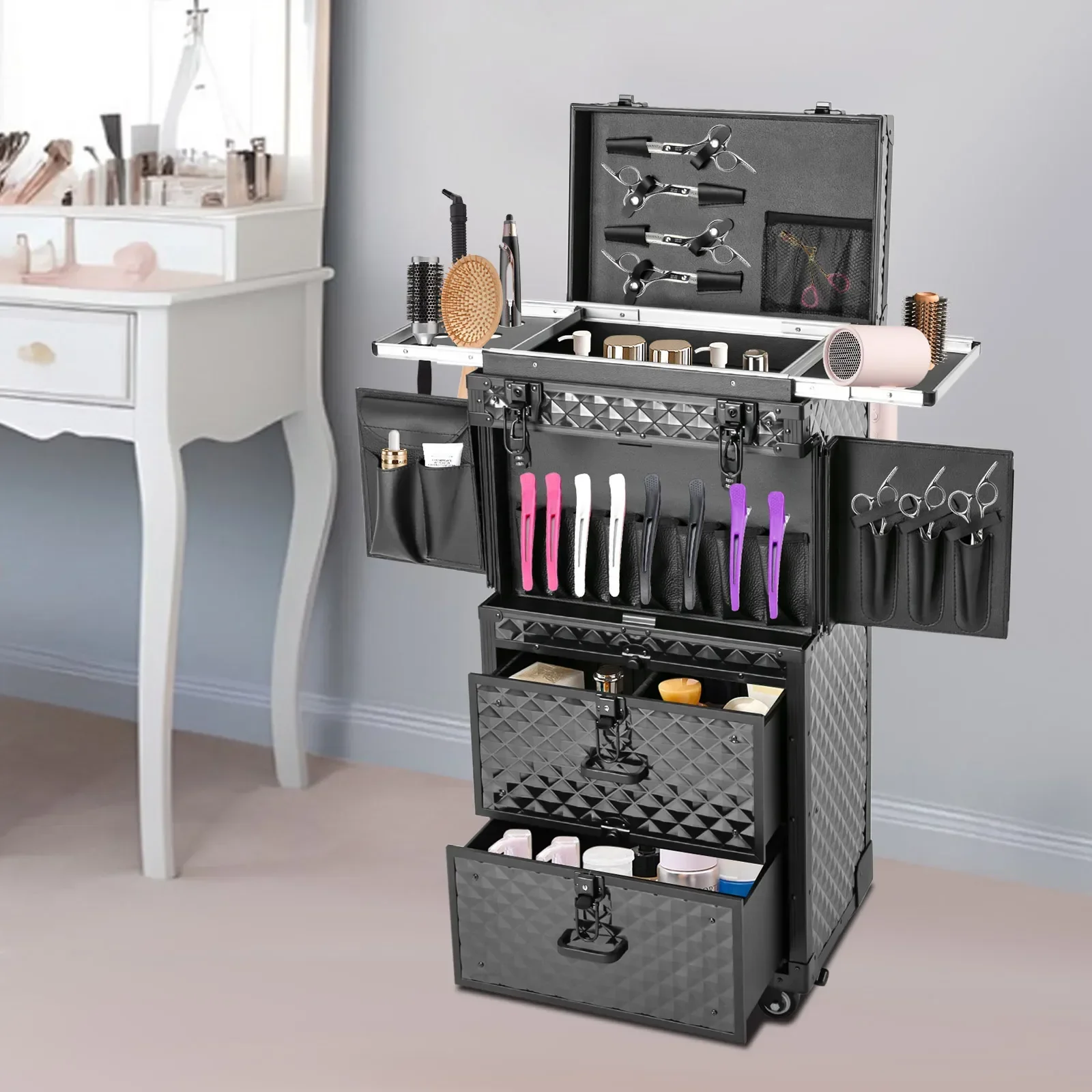 

Lockable Rolling Professional Makeup Train Case, 4 Layers Multi-Layer Storage, Secure Locks, Stylish Design
