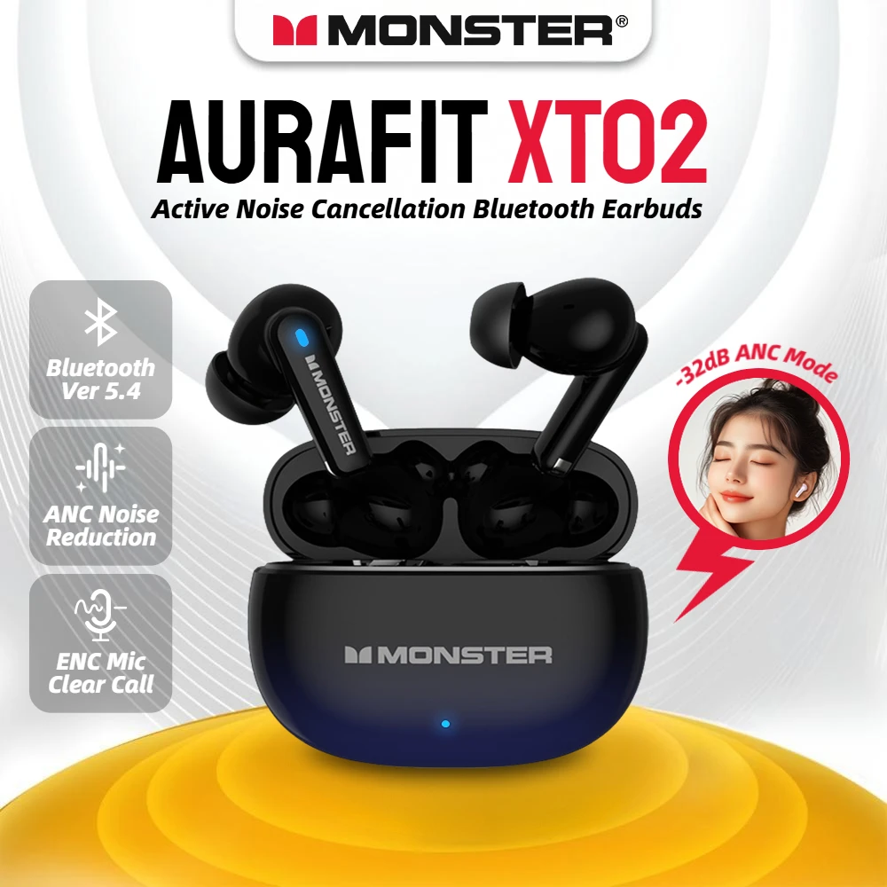 Monster AURA XT02 ANC سماعات بلوتوث 5.4-32dB سماعة رأس بخاصية إلغاء الضوضاء النشطة ألوان متدرجة سماعات أذن لاسلكية TWS