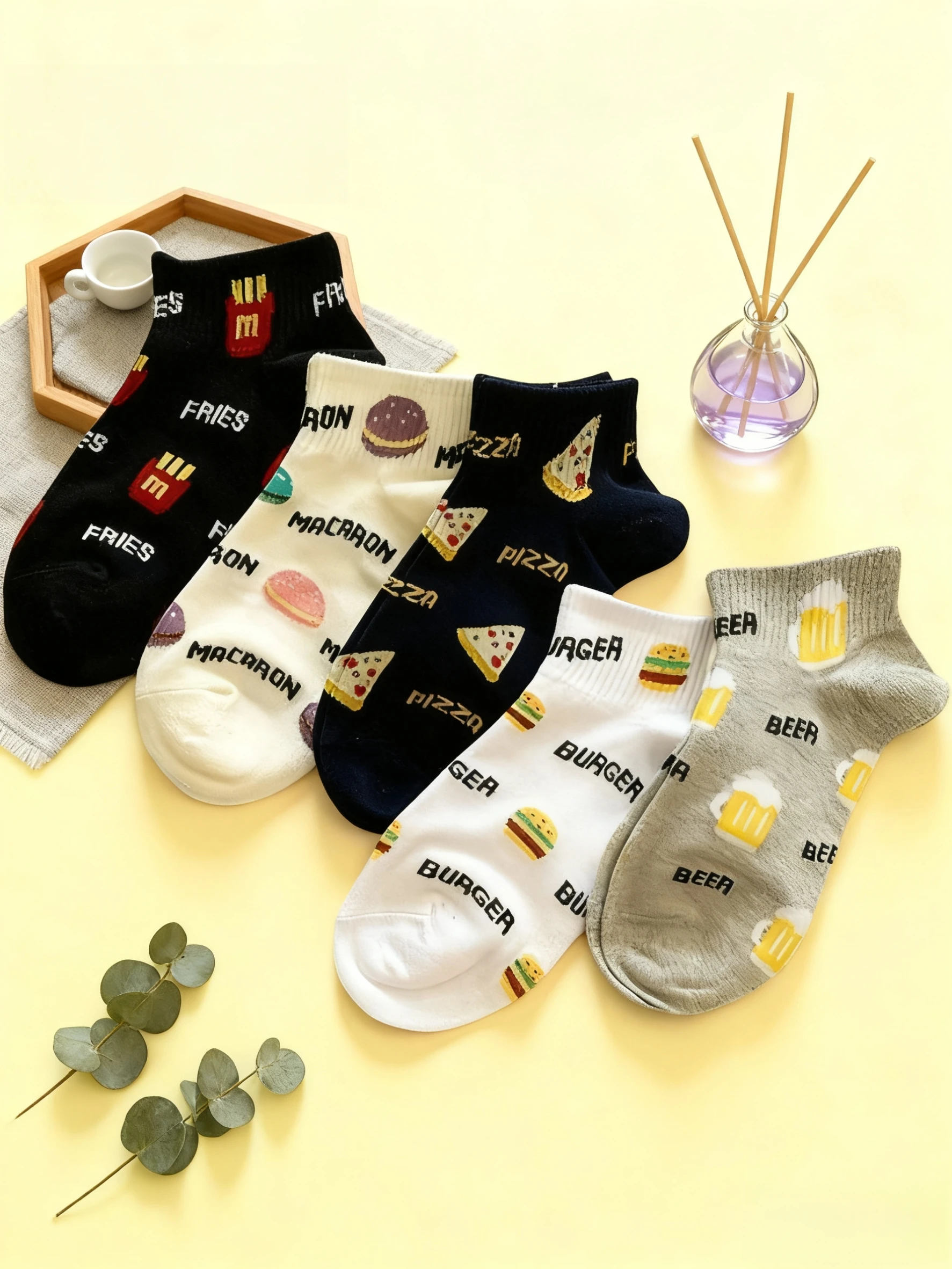 3/5 Paar süße Damen-Socken mit Motiven von Hamburger, Pizza und Pommes, süße Mädchen-Knöchelsocken, dünne, atmungsaktive Socken für Frühling, Sommer und Herbst, Freizeitsocken, Sportsocken, vielseitige Socken, Studentensocken, geeignet für den täglichen Gebrauch. – Detail 2