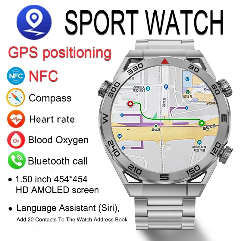 2024 New NFC Smart Watch Men GPS Track 454*454 HD AMOLED Screen Compass Heart Rate BT Call IP68 Waterproof SmartWatch For Ios