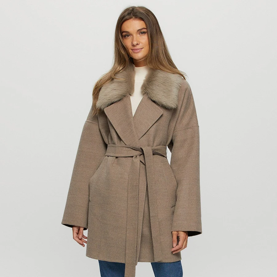 Real Cashmere Coat Women's Natural Fur Coat Long Wool Blends Coat With Detachable Toscana Shearling Lamb Trim Luxury Warm