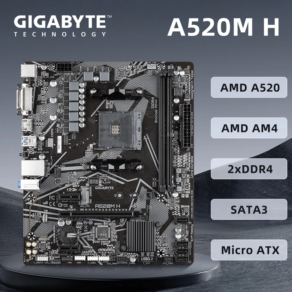 

Gigabyte A520M H Motherboard Supports AMD Socket AM4Ryzen 9 5950X R7 5700X3D Ryzen 5 5600G CPU AMD A520 2 x DDR4 64 GB Micro ATX