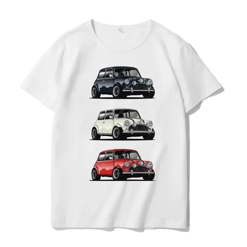 Classic Mini Vintage Car Graphic T-shirt Men White Cotton Short Sleeve Retro Auto Lover Loose Oversized Street Casual Daily Top