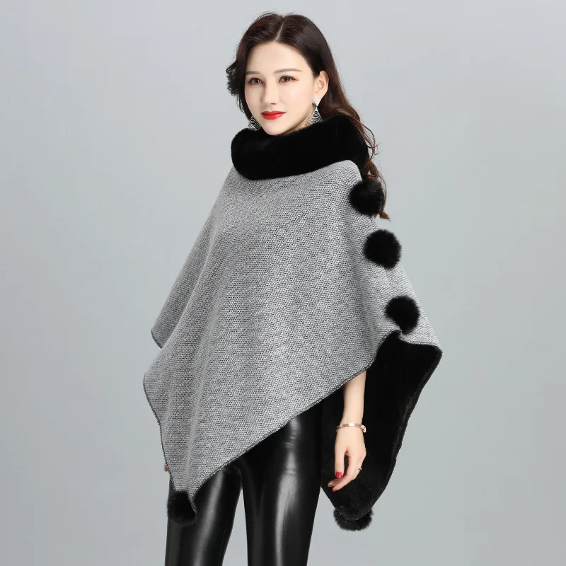 

6 Colors Winter Velvet Warm O Neck Faux Rabbit Fur Ball Women Capes Poncho Plus Size Pullover Autumn Streetwear Triangle Coat