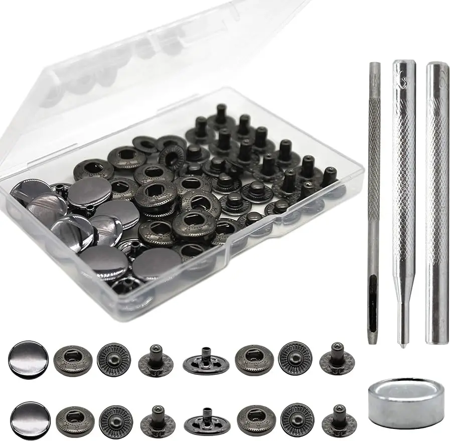 12 zestawów mosiężnych, wytrzymałych, skórzanych zatrzasków, 15 mm metalowych zatrzasków, skórzanych nitów i zatrzasków do