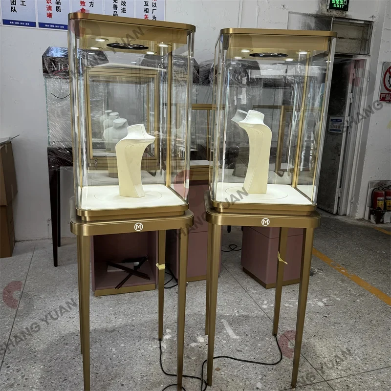 custom.Shangyuan Custom High-End Glass LED Jewelry Showcase Automatic Rotating Tower Display Counter LED Lighting Jewelry Sh
