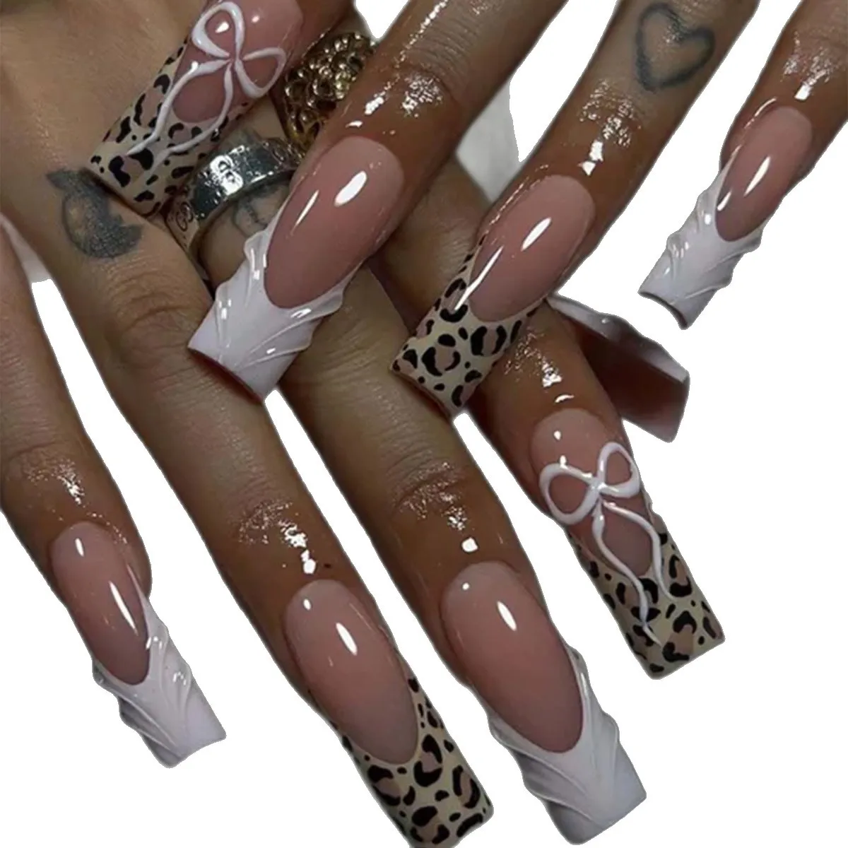

2026 New Minimalist 3D Nail Art Collection: European and American Floral French Leopard Print Long Nail Tips