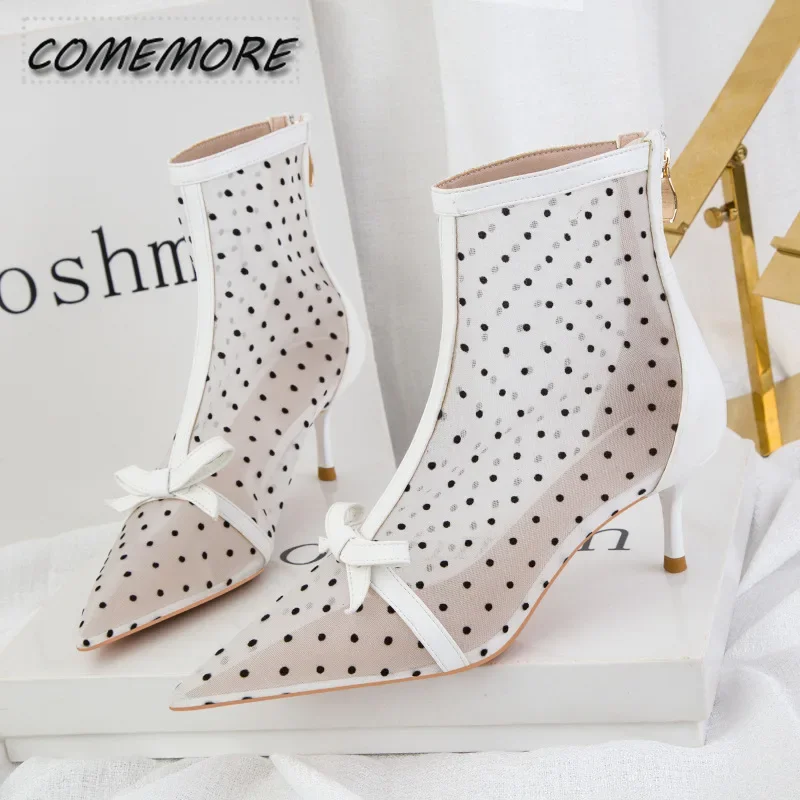 Women's Summer Boots Sexy Breathable High-heeled Pointed End Casual Shoes Fashion Mesh Zipper Bow Footwear Sandals Comfortable
