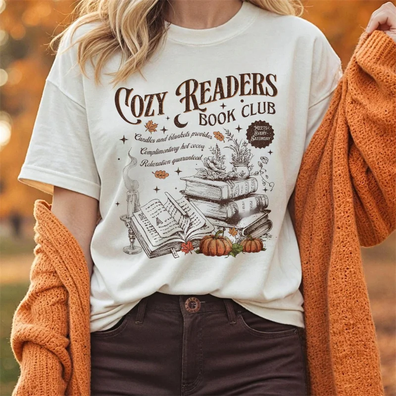 Reading Book Club Printed Women's Autumn T-Shirt Round Neck Retro Clothing Cartoon Fun Women's Casual Cute Top Harajuku T-Shirt
