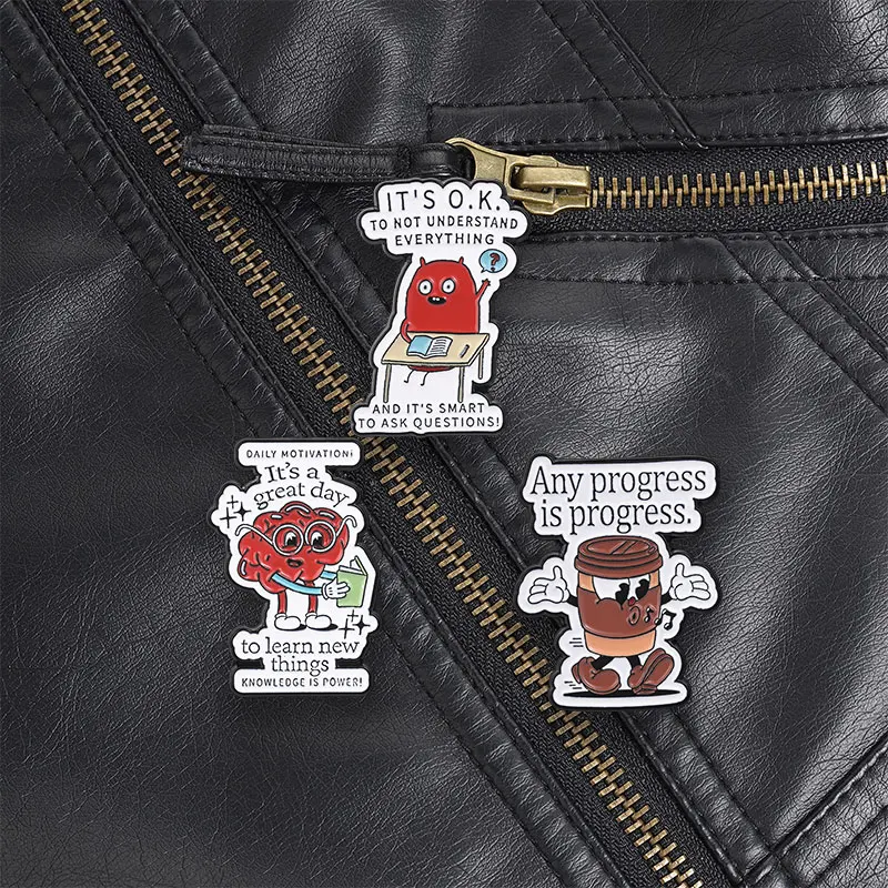 Retro American Cartoon Enamel Pin Coffee Cup Brain Book and Monster Brooch with Positive Quotes for Mental Health and Workwear