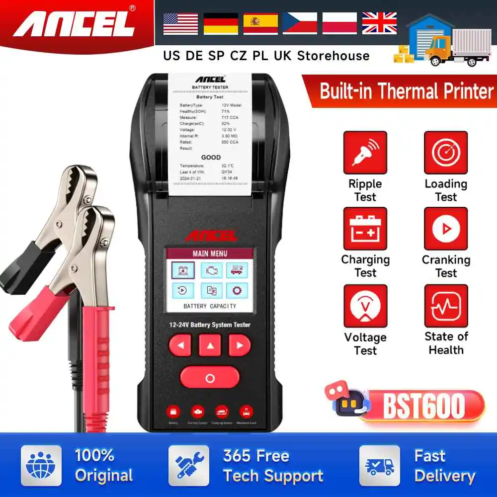 ANCEL BST600 Digital Battery Tester with Printer 12V/24V 100-2000CCA Battery Temperature Load Tester Cranking Charg System Test