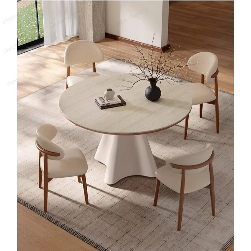 

Medieval cream wind rock slab dining table variable round table household solid wood dining table
