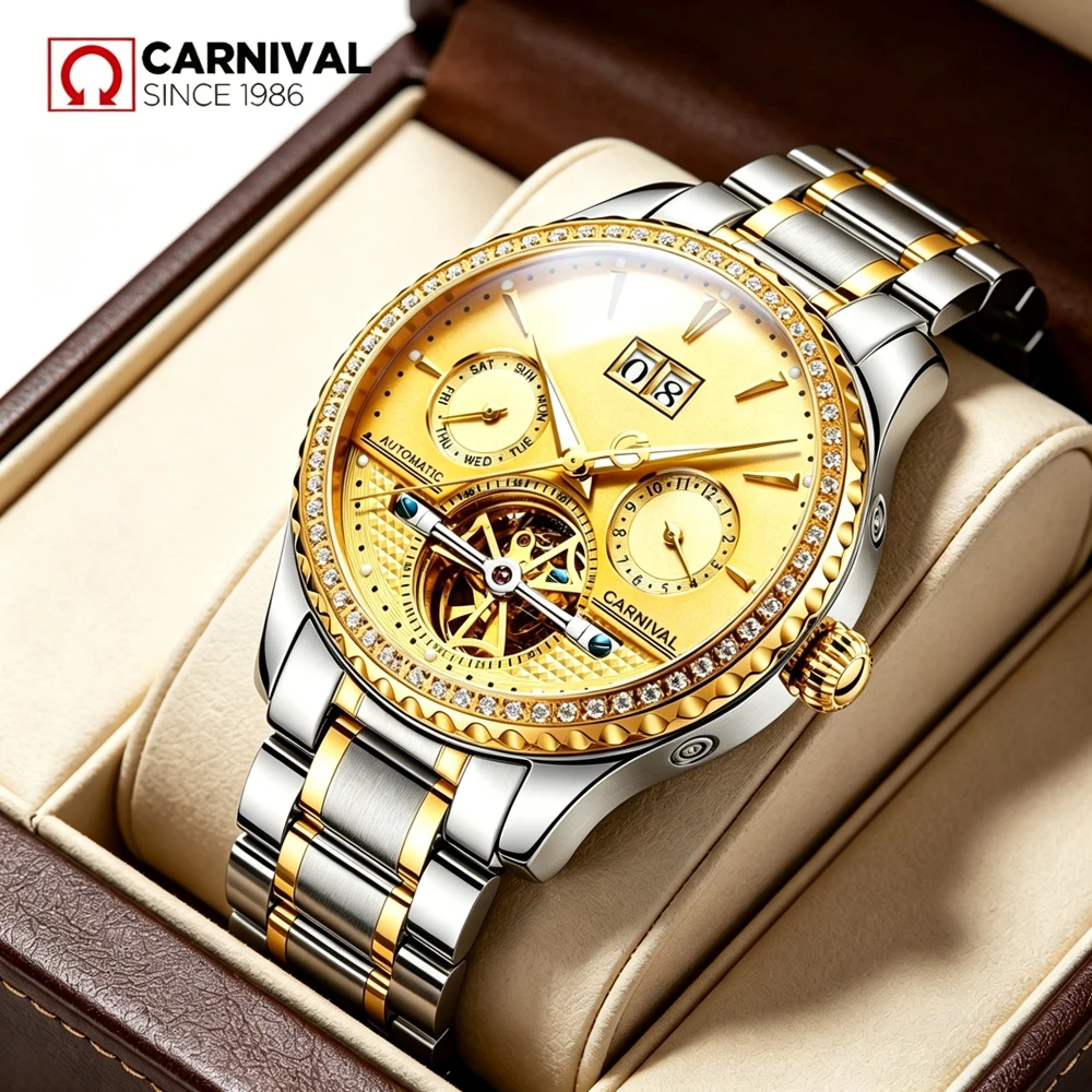 CARNIVAL Double-layer Rotating Golden Steel Tourbillon Watch Men Luxury Date Waterproof Business Automatic Mechanical Watches