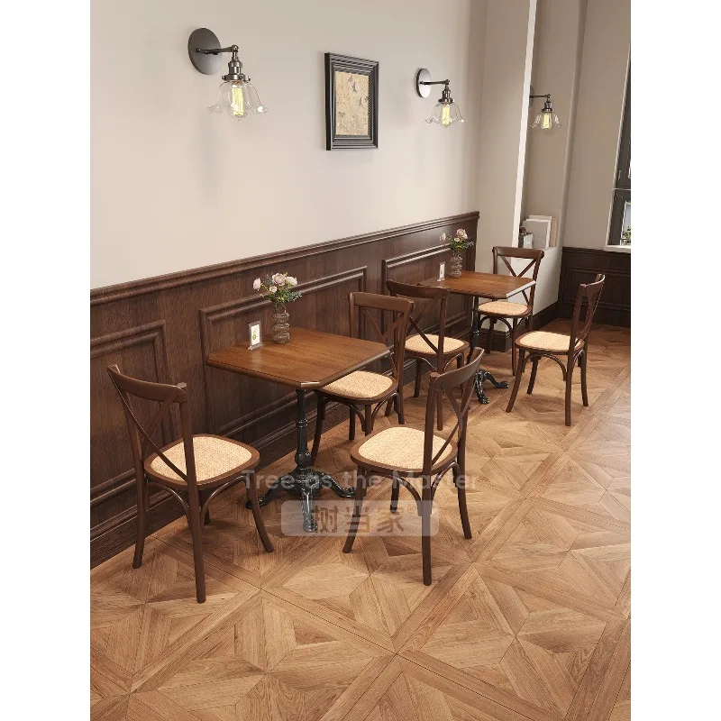 American retro cafe solid wood tables and chairs milk tea shop antique dessert baking commercial restaurant square table combina