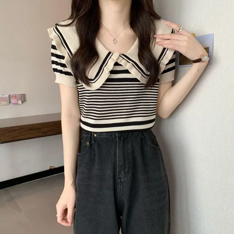 Striped Short Knitted Shirt Summer New Short Sleeve All-match Patchwork Contrast Sweet Tops Tees Vintage Fashion Women Clothing