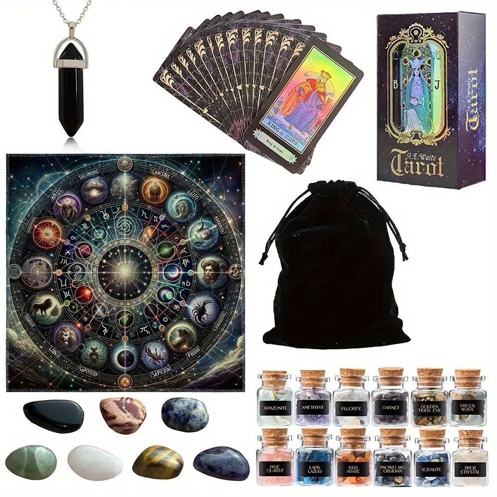 Tarot Card Set 1 Deck of 78 Cards Mini Crystal Vessels 7 Chakra Stones Tablecloth Pendant Storage Bag for Divination Enthusiasts