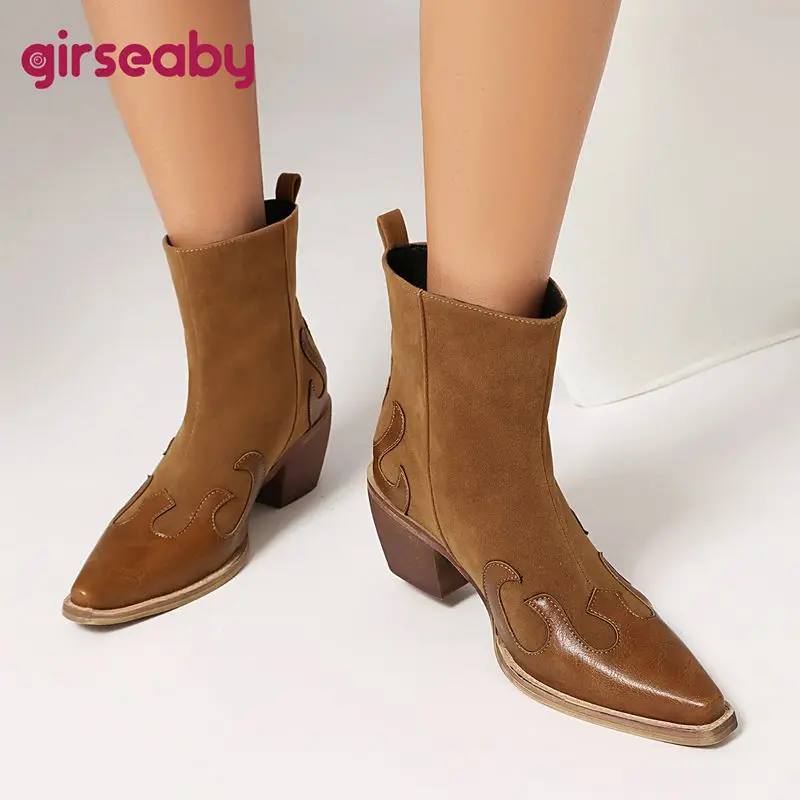 

Girseaby Retro Cowboy Ankle Boots Square Toe 5.5cm Thick Heel Slip On Mixed Color Extended Size 42 43 US11 Blue