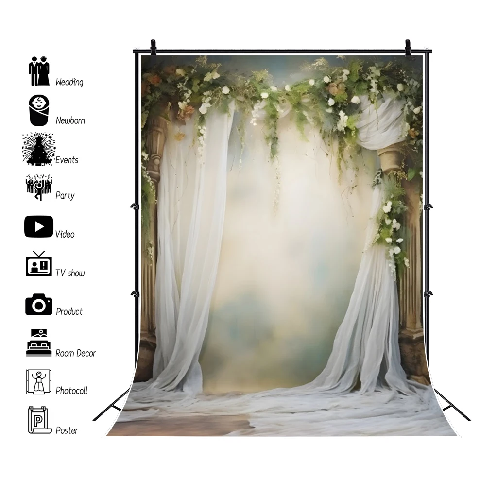 Telón de fondo de fotografía de retrato de boda de estilo bohemio, cortina de ventana de flores, accesorios de fondo de foto de fiesta de cumpleaños de ducha nupcial