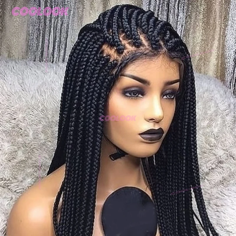 Wig sintetis kepang penuh 36 inci untuk wanita kulit hitam, wig kepang kotak, kepang cornrow, wig renda