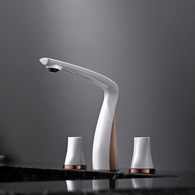 White With Rose Gold Brass Bathroom Basin Faucet Two Handles Dual Control Hot And Cold Water Mixer Tap