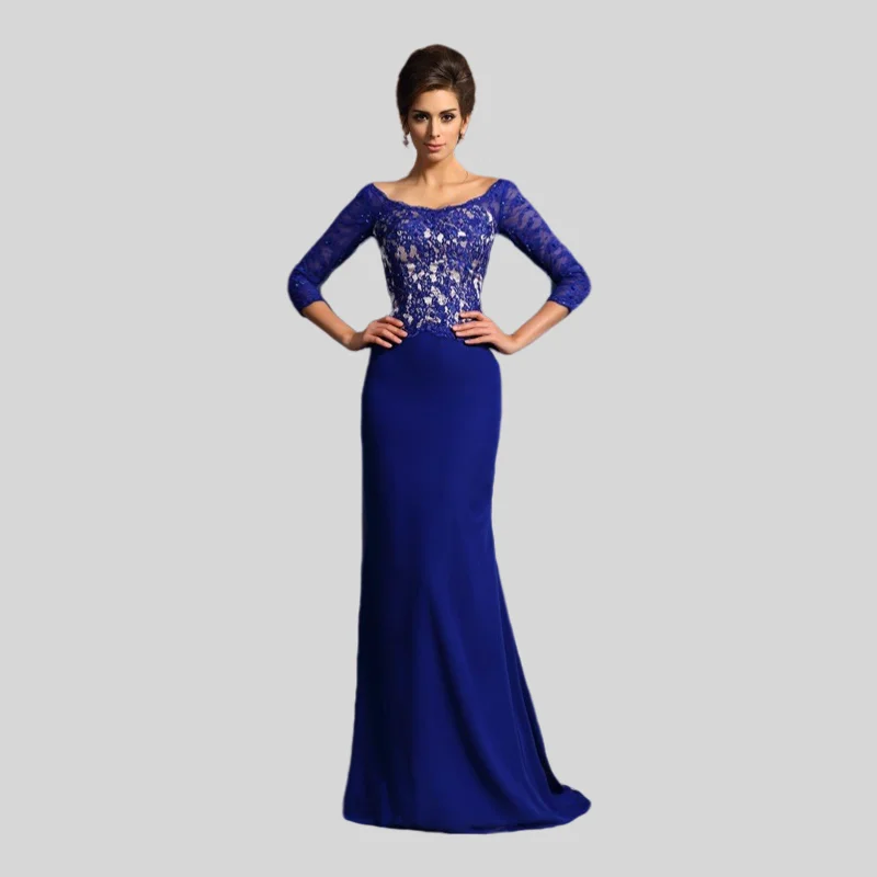 

Royal Blue Mother Of The Bride Dresses Mermaid 3/4 Sleeves Chiffon Lace Plus Size Long Groom Mother Dresses For Wedding