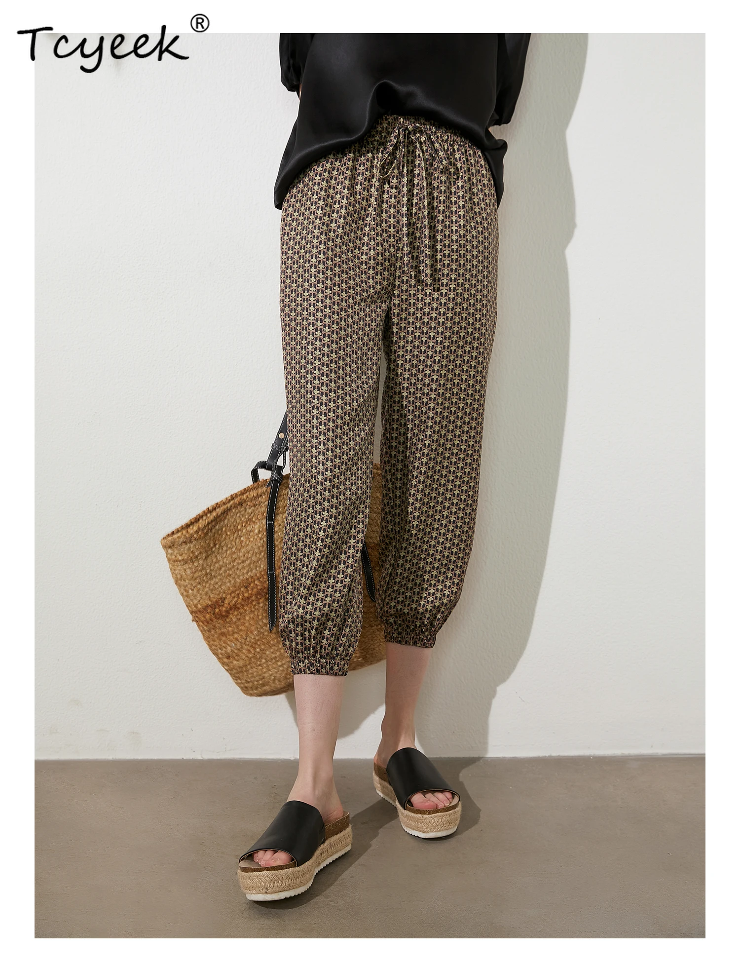 

Tcyeek 100%Real Silk Casual Plaid Pants, Women's Pocket Drawstring Straight Pants, 2024 Spring Summer New Trousers B43810QM