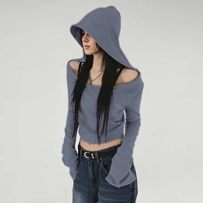 Flare Langarm-Crop-Top mit Kapuze für Damen, Herbst 2025, einfarbig, elastisch, lässig, T-Shirt, Pullover, Florkragen, Y2k-T-Shirt 2526 – Detail 3