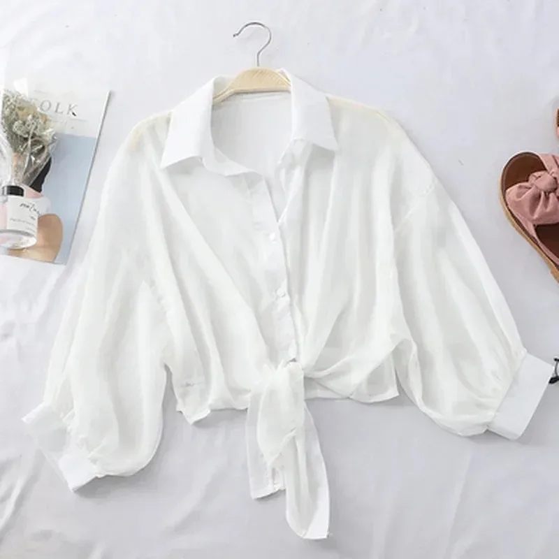 Spring and Summer Sunscreen shirts women Chiffon blouse Cardigan tops 3/4 Sleeves Thin Shirt solid color loose clothes 9776