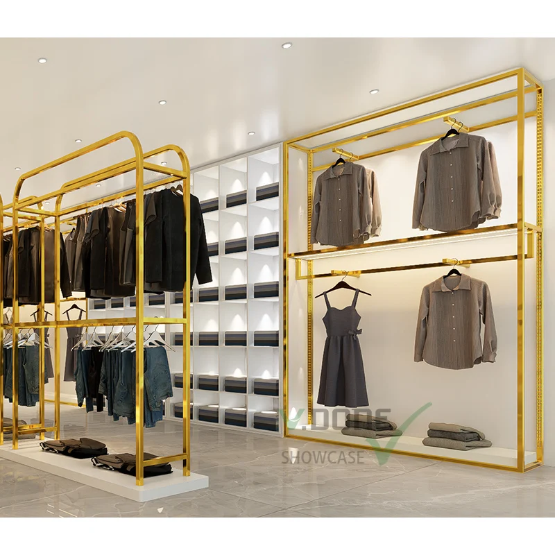 Customize.Retail Custom Hanging Clothes Racks Golden Display Shelf Boutique Store Clothing Shop