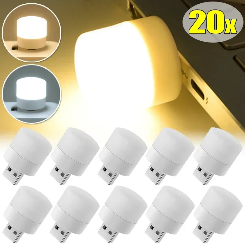 1-20 sztuk Mini lampa USB LED przenośna z wtyczką do ochrony oczu lampka do czytania małych okrągłych żarówka samochodowa moc lampy mobilnych