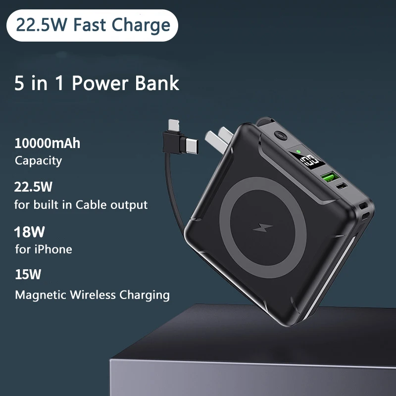 15W Magnetic Qi Wireless Charger Power Bank 10000mAh Built in Cable Plug Type C Poverbank