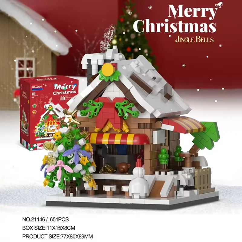 Casa de neve de natal mini blocos de construção conjunto varanda café doces livro loja cidade vista 3d modelo tijolo meninos brinquedos crianças