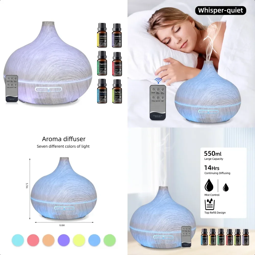 550ml Essential Oil Diffuser  Wood Grain, 6 Oils Included, Ultrasonic Humidifier, Remote Control & Auto Shut Off  Perfect for Ho