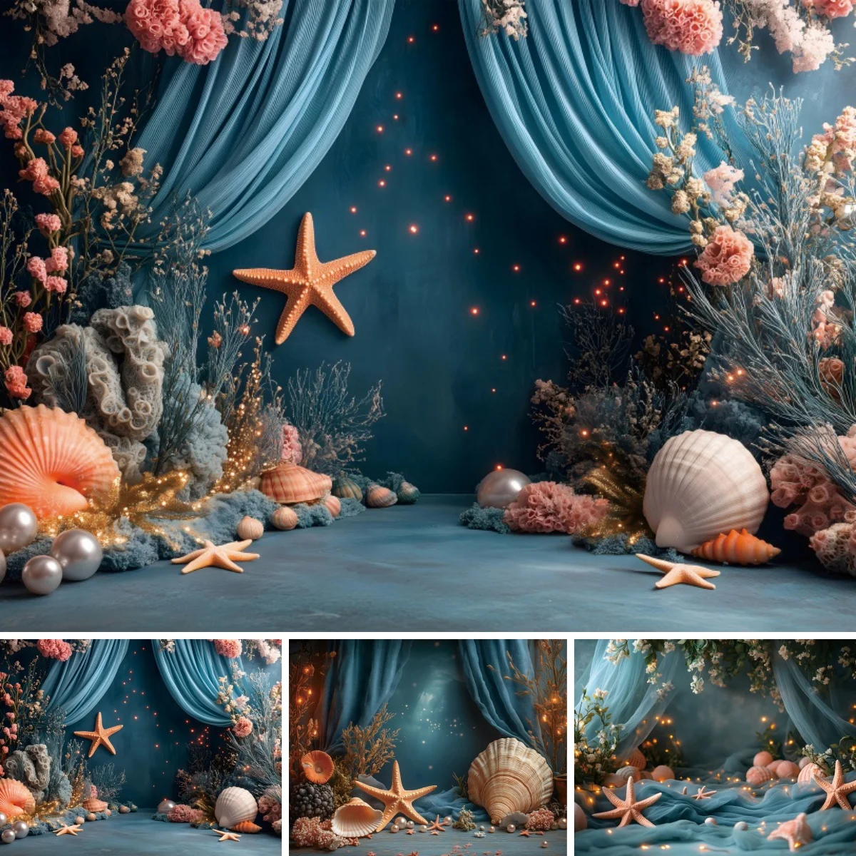 Underwater World Backdrop Seabed Coral Aquarium Baby Birthday Photography Background Pearl Sea Star Shell Decor Studio Prop